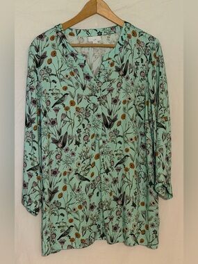 J. Jill Mint Green Bird Floral Print Satin Split Neck Blouse Cottagecore Boho